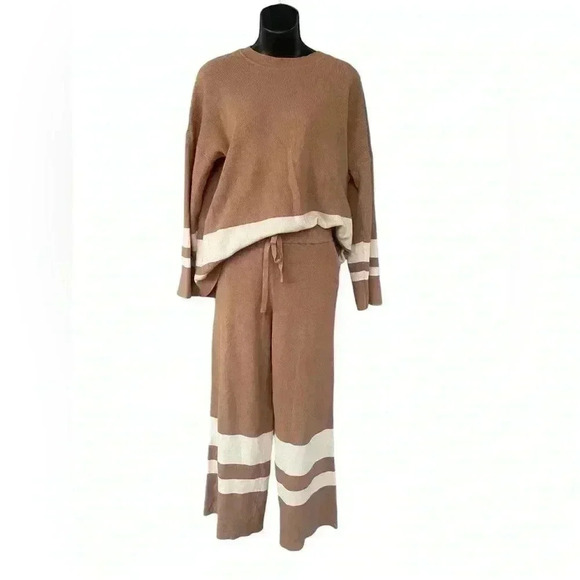 Polagram KNIT STRIPE LONG SLEEVE TOP AND PANTS SET tan cream wide leg oversized - Picture 2 of 9